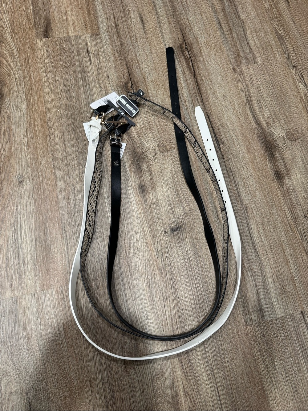 Steve Madden White, Black & Snake-Print Skinny Belt Set